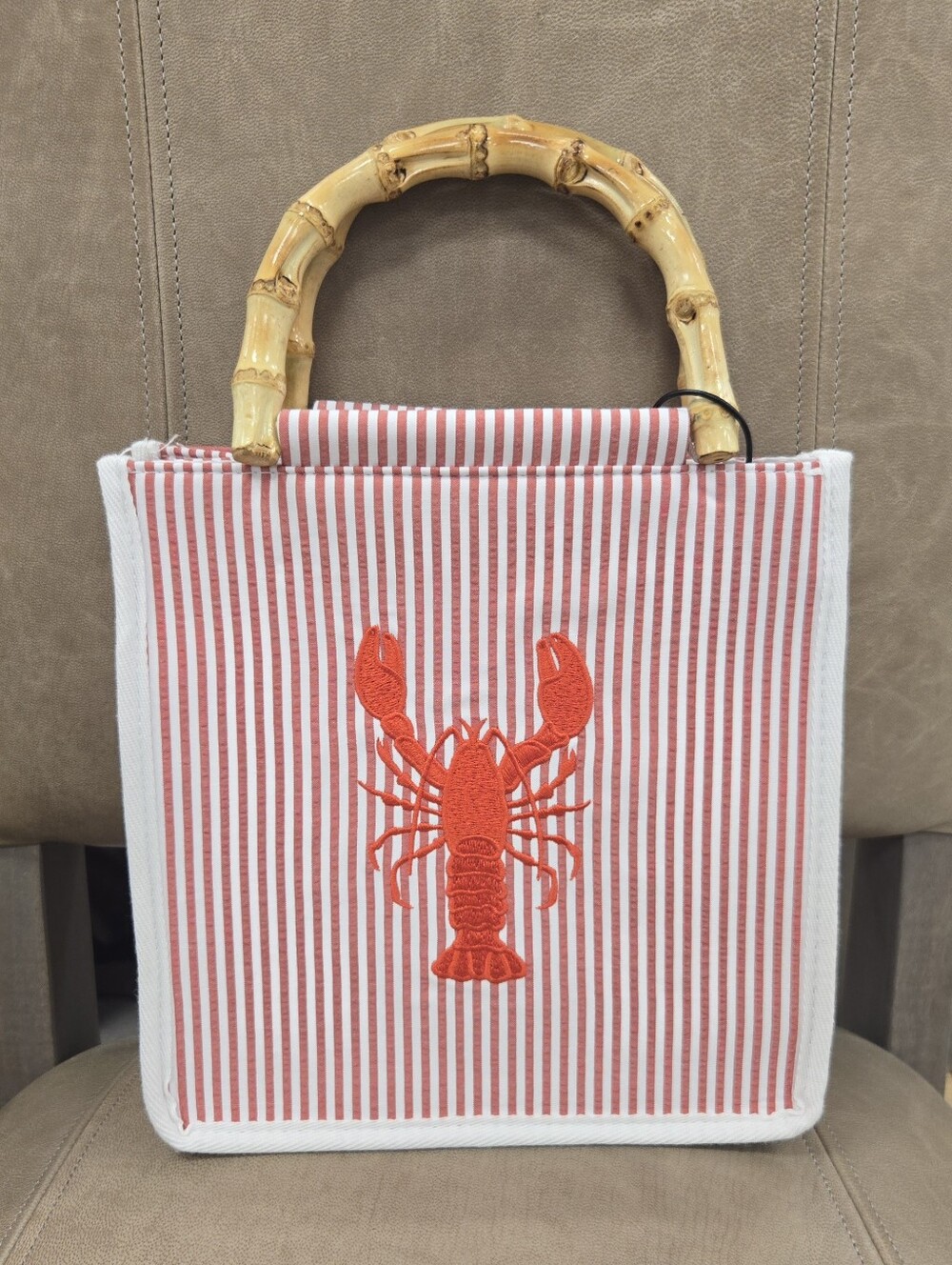 Striped Canvas Tote with Bamboo Handles & Lobster Embroidery